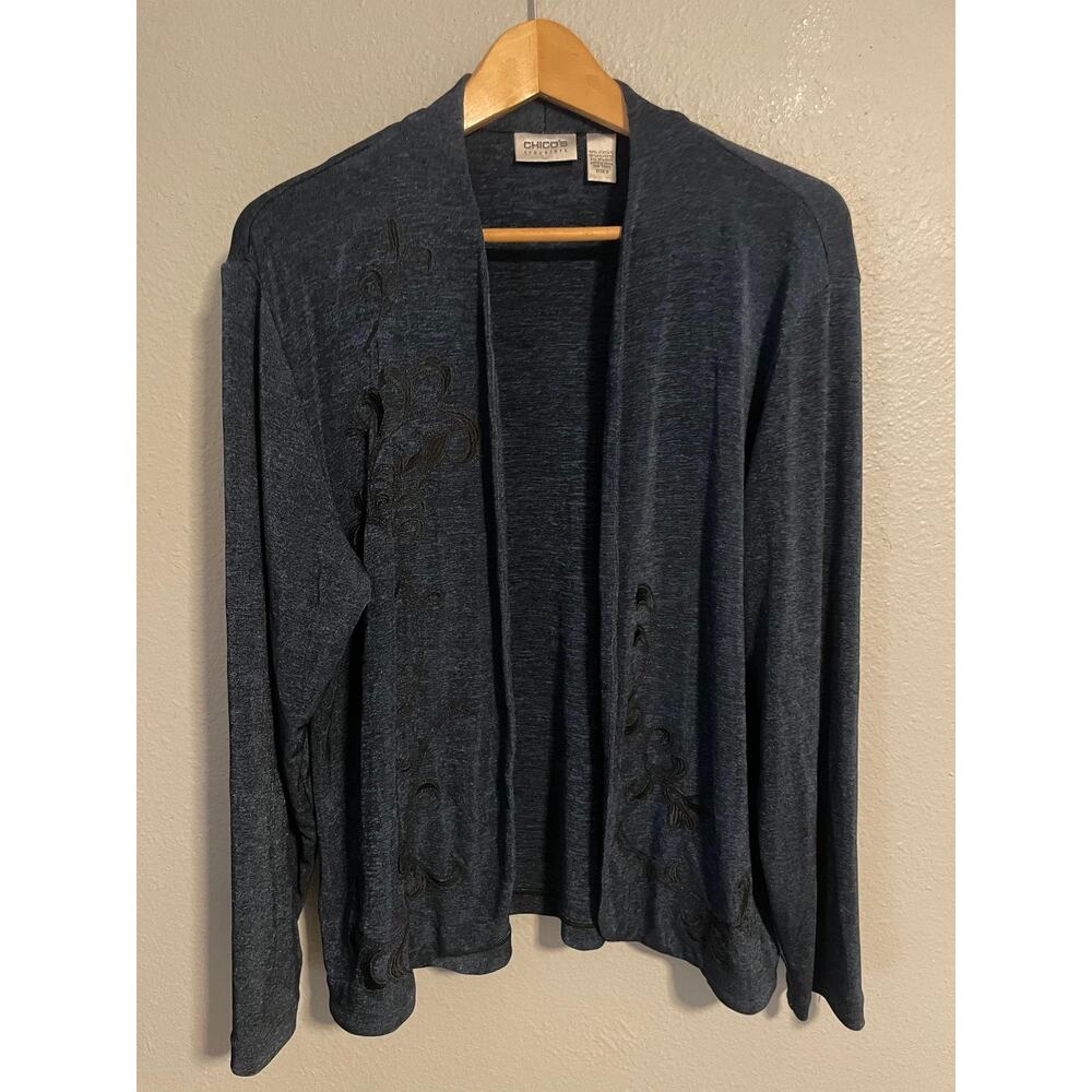 Chicos Travelers Cardigan Womens Size 3 US XL Navy Open Front Floral Embroidered